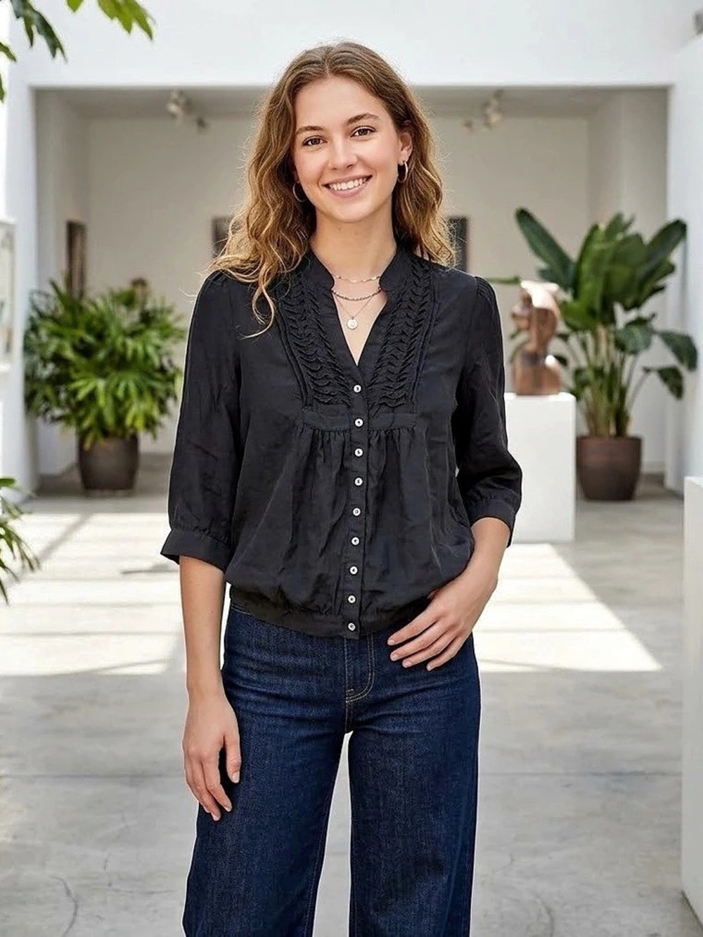 Kimchi Blue Silk Ruffle Blouse in Black Size XS Like New
